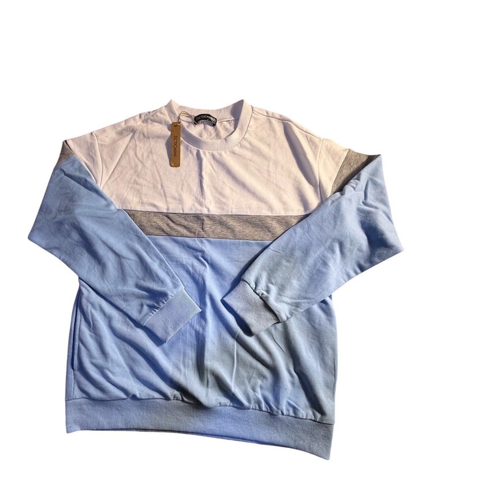 TICTICMIMI Colorblock Sweatshirt Blue/White/Grey Crewneck Side Pockets NEW-1039